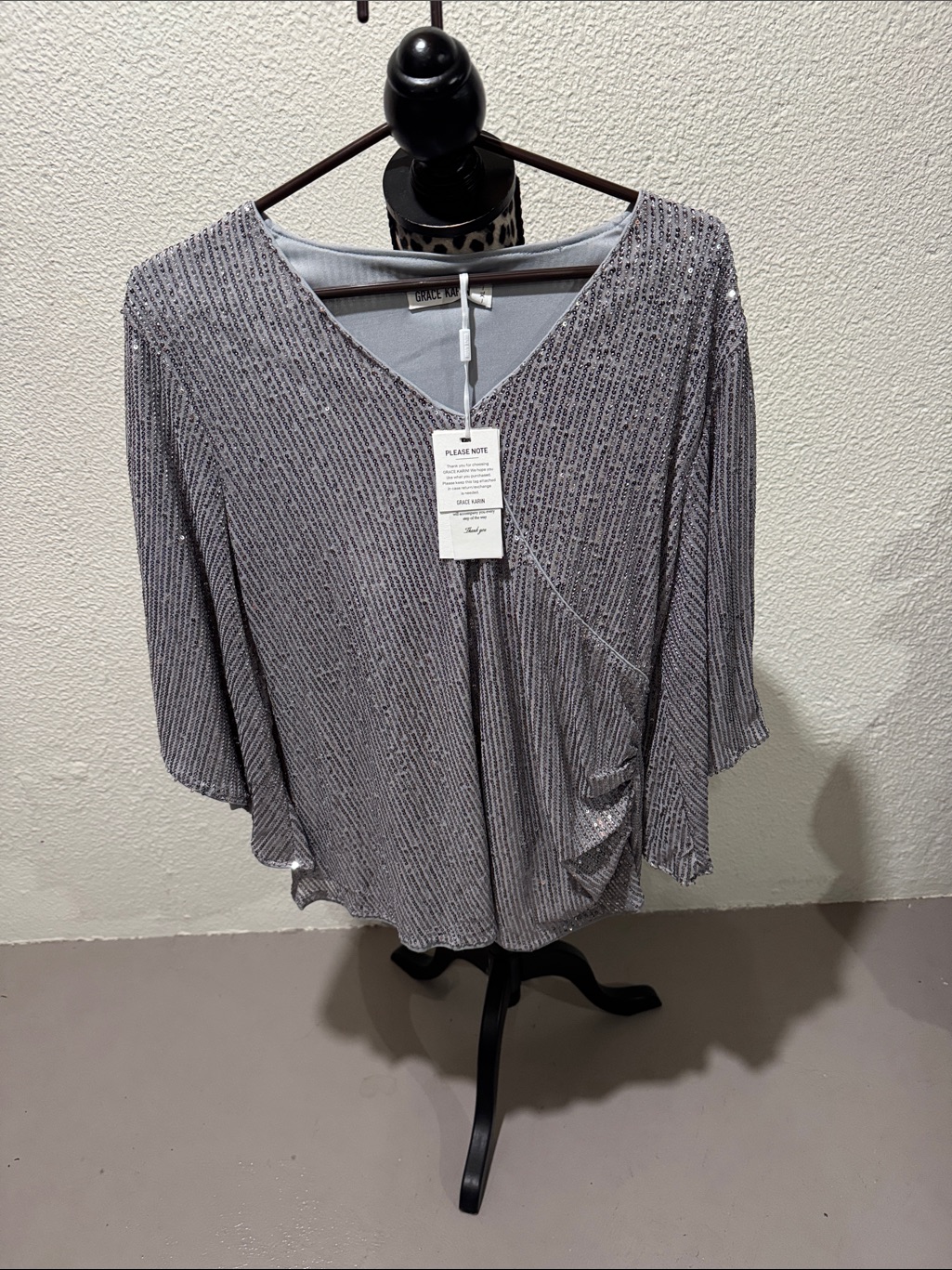 Women's Silver V-Neck Sparkle Top